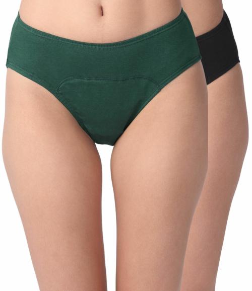 Adira | Period Leak Proof Underwear | Hipster Fit | Reusable | Leakproof Panty For Periods | For School, Travel & Work | Medium Flow | Use With Pad | Pack Of 2 | Green & Black | XS