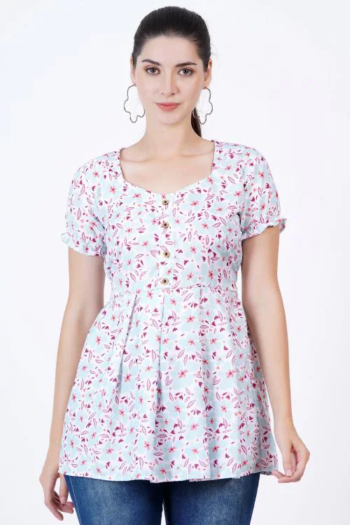 Majestykart Women White Floral Print Tunic Top|tops for women|women tops|top|tunics for women|long top for women|western tops|tops on jeans|short tops|long tunics top|white tunics|women tunics|crop tops|partywear tops|tops and tunics|tops