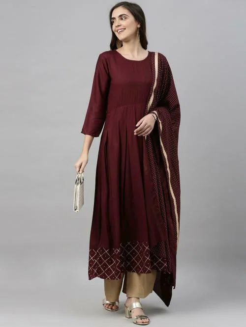 Shubhisha Fashion Women Maroon Solid Viscose Kurta Palazzo Set _M