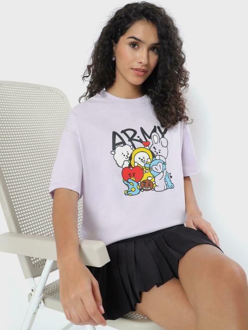 Bewakoof Women's Purple BTS Army Graphic Printed Round Neck Short Sleeve Oversized T-shirt