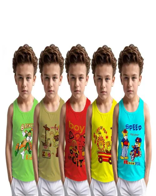 Neeba Cotton Multicolor Printed Innerwear baniyan Kids Vest Infants Sando Unisex Sleeveless Regular fit Undershirts for Boys and Girls Pack of 5