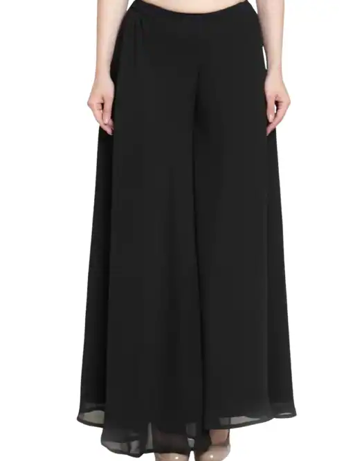 SARJUKE Georgette Flared Palazzo Pants for Women, L Black
