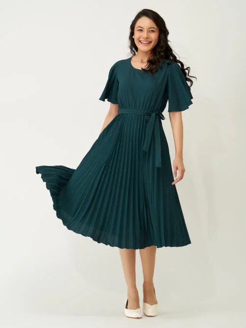 AASK Polyester Teal Blue Color Pleated & Solid Round Neck Dress With Belt| Dress for women| Party Dress| Dresses| Stylish Dress| | New Collection