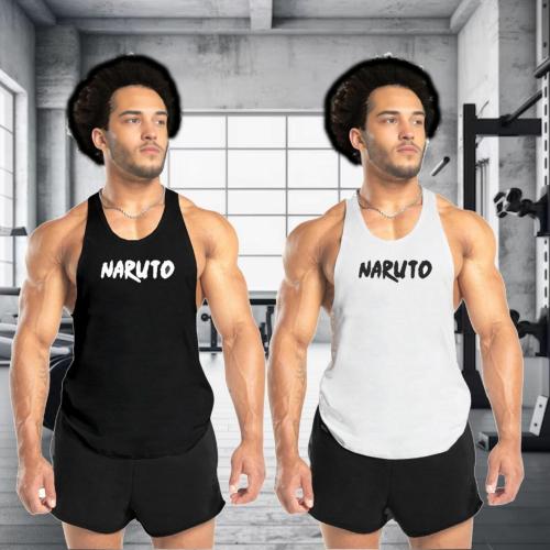 WILD THREADS Premium Men's Gym Vests | Trendy Naruto Printed Sleeveless Workout Shirts | Designed for Maximum Comfort and Style | Black-White | Size-XL | Pack of 2 | Combo Pack