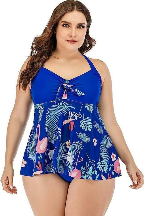 Plus Curvves Plus Size Halter Neck Print Top Split Swimwear with Bottom Blue - 6XL