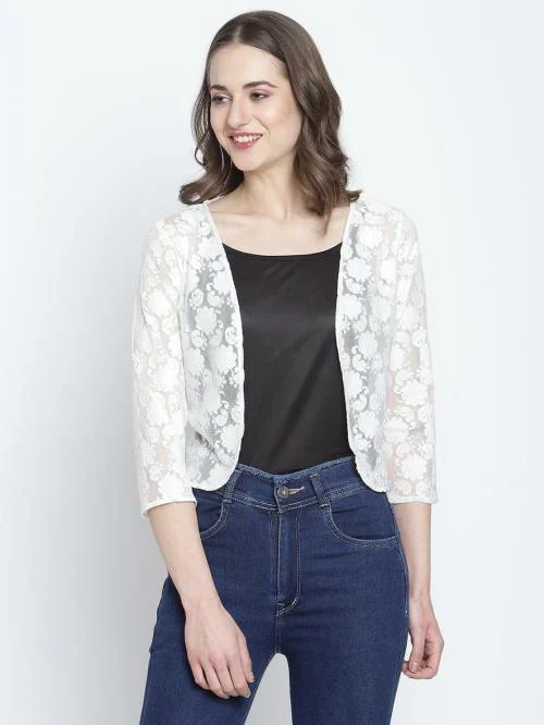 Shirak Dressitude Women White Self Design Pure Cotton Jacket Style Shrugs