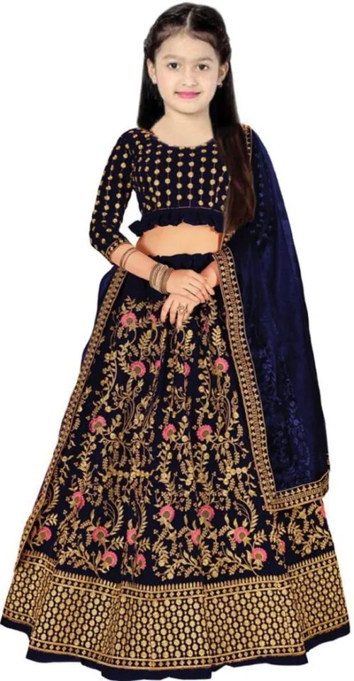 Dholazon Girls Multicolor Embroidered Velvet Lehenga, Choli And Dupatta Set (13-14 Years)