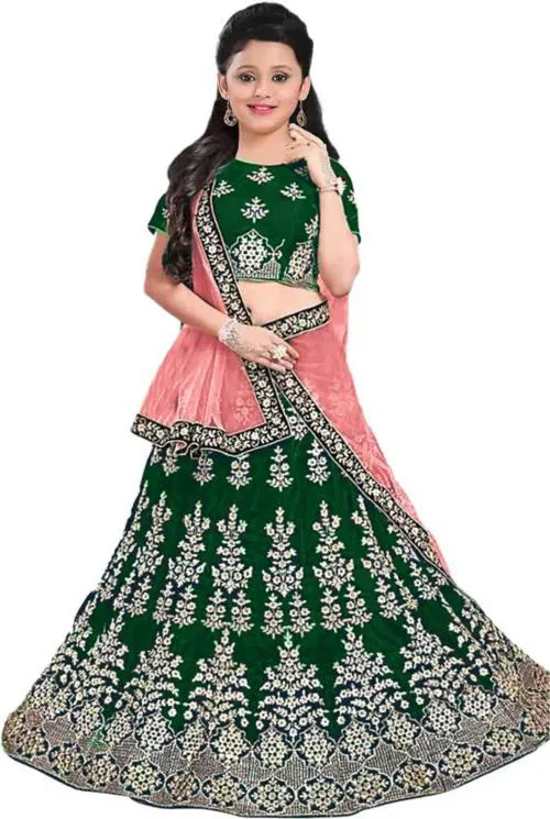 Dholazon Girls Dark Green Embroidered Satin Lehenga, Choli And Dupatta Set (11-12 Years)