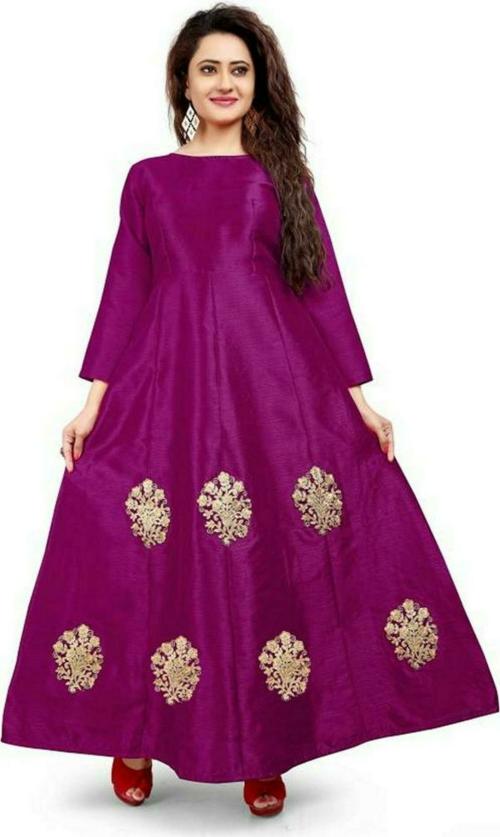 Fabcartz Women Purple Embroidered Silk Blend Anarkali Gown