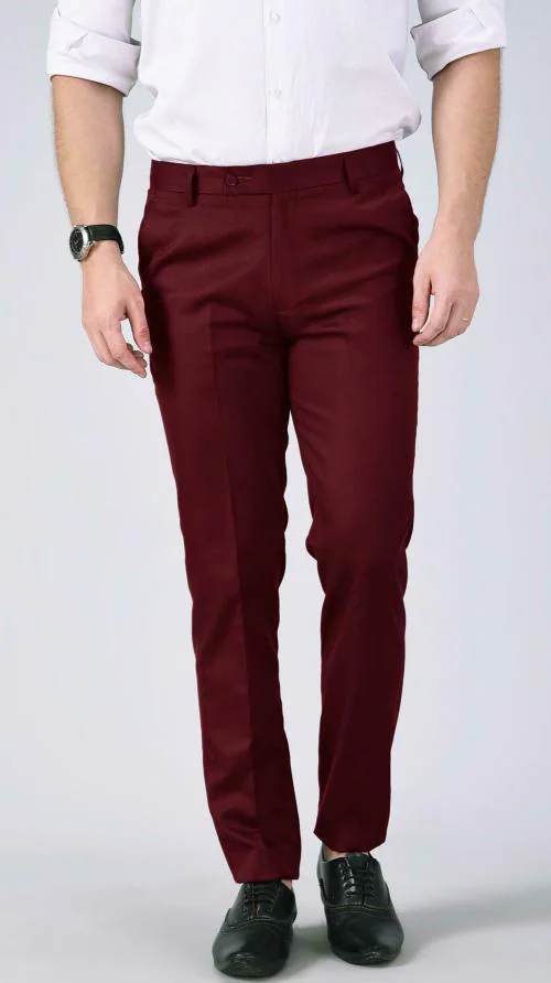AD & AV Men Maroon Solid Synthetic Single Formal Trousers