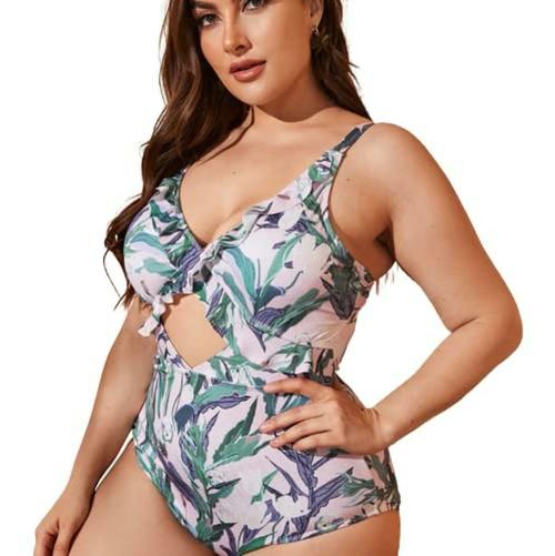 Plus Curvves Leaf Printed Hollow Belly One-Piece Swimsuit Plus Size - 7XL Multicolour