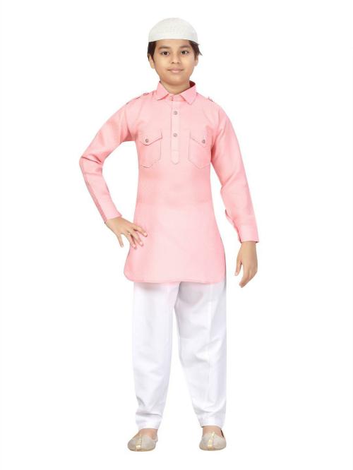 Little Mafia By Aarika Boys Pink-White Color Pathani Kurta Pyjama with Cap Set
