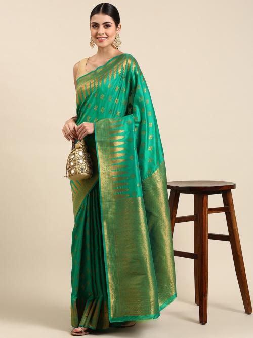 PANZORA Women Green Self Design Silk Blend Banarasi Saree with Unstitched Blouse Piece