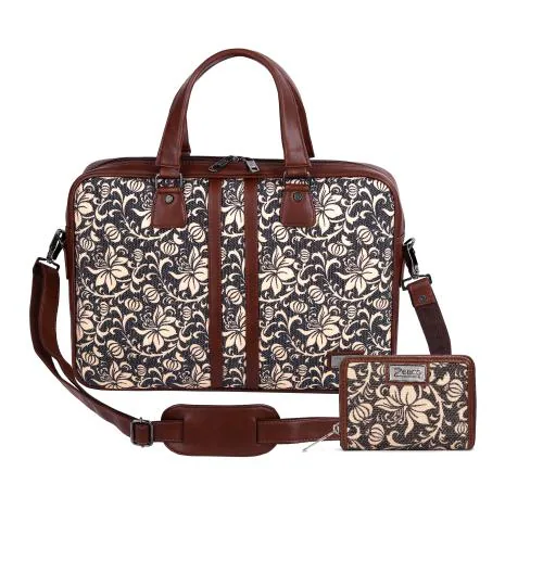ZEBCO BAGS Women's Laptop Bag Shoulder Messenger Ladies Handbag with up to 15.6 inch Laptop Compartment office handbag & Mini Wallet with Free Tiffin Bag (Floral Chinelle)