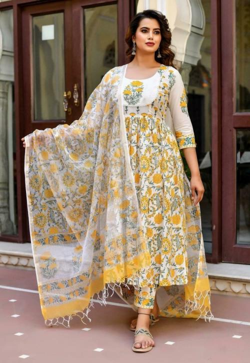 Keitra Women White Printed Pure Cotton Kurta, Pant And Dupatta Set | Kurta Set Women