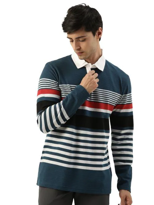 Jump Cuts Mens Polo Neck Auto Striped Full Sleeve Navy, White Red Cotton Blend Slim Fit T-Shirt