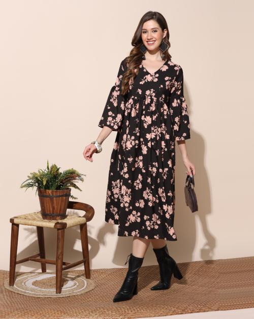 Fashion Dream Women Black Floral Printed Crepe Dress | Dresses | Women Dress | Midi Dresses | Dress for Women | Printed Dress | Women casual dress | A-Line Dress |Empire Dress