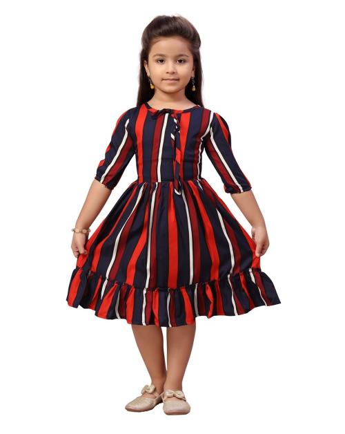 Aarika Girls Navy Blue-Red Color Rayon Middi