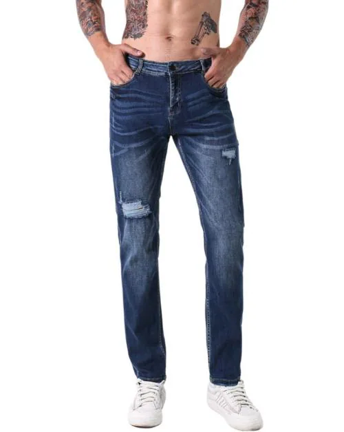 L'MONTE Imported Denim Jeans Pant for Men Blue Stretchable Distressed Ripped Slim Fit