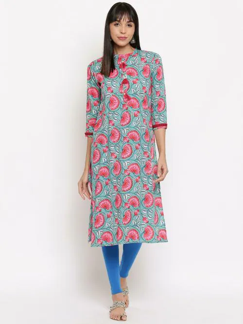 Vbuyz Women'S Floral Print Straight Cotton Turquoise Kurta
