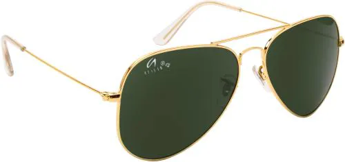 AISLIN Toughened Glass Aviator Unisex Sunglasses - (Dark Green G-15 Lens | Golden Metallic Frame)