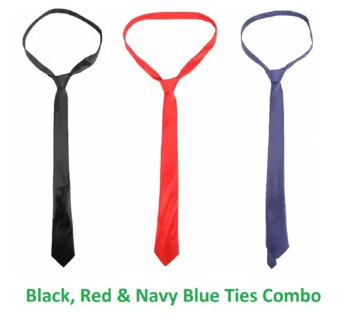 SellnShip Men's Slim Satin Necktie Solid Formal Plain 3 Ties Combo (Red, Black, Navy Blue)