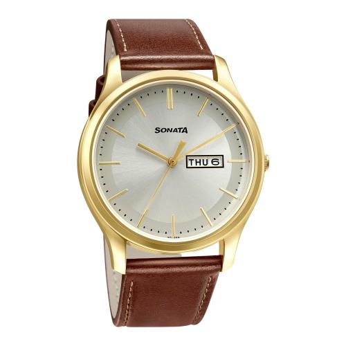 Sonata Analog Dial Silver Band Brown Watch-77082Yl06W For Men