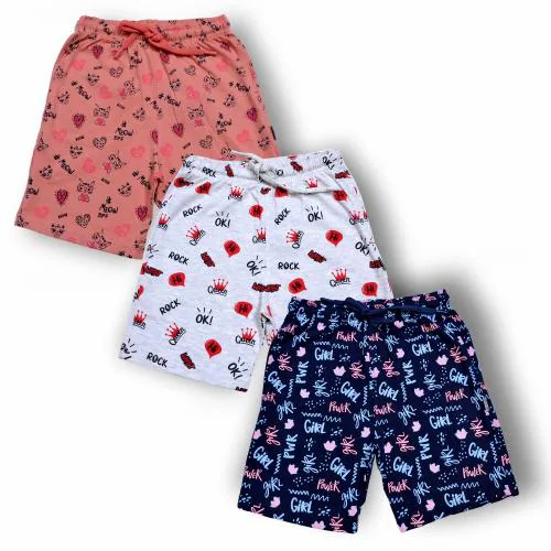 KARIBY Girls' Fancy Cotton Short Pants All Over Printed Design with Pockets | Pack of 3 | 9 TO 10 YR