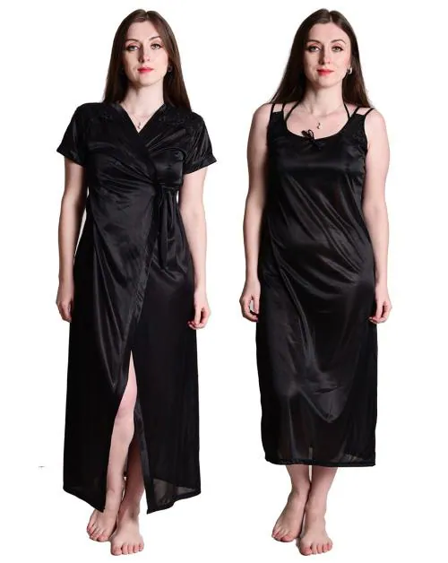 Women's Black Satin Nightwear 2 Pc Set of Nighty & Wrap Gown Nighty Set
