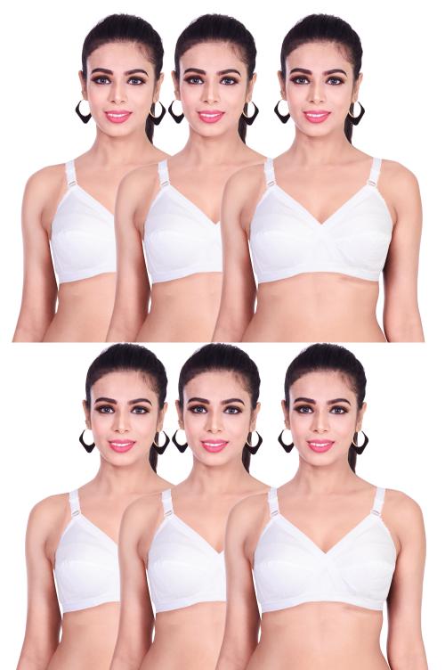 Caracal Women Cotton Non-Padded Regular Wire Free Bra Plus Size Full Coverage White Combo Size 46D Pack of 6