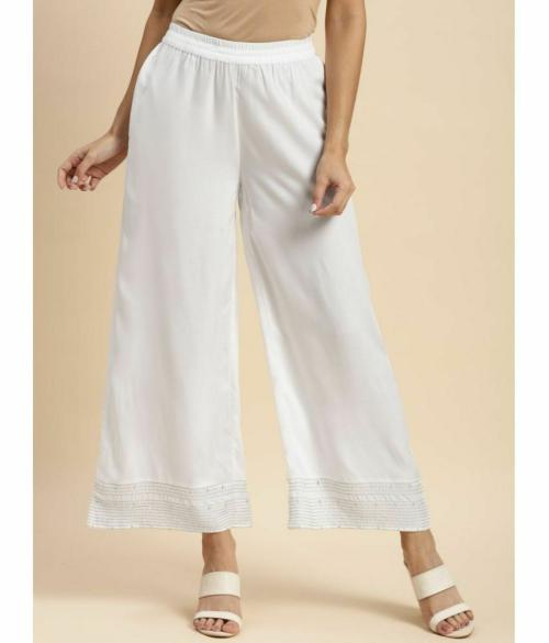Rangita Women Rayon Off White Solid Embroidered Ankle Length Regular Palazzo