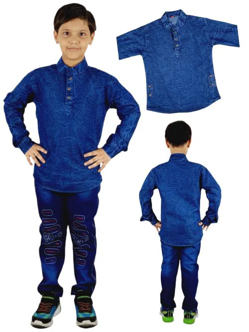 A H ZEESHAN Boys Kurta Style T-Shirt with Denim Full Pant Combo (34)