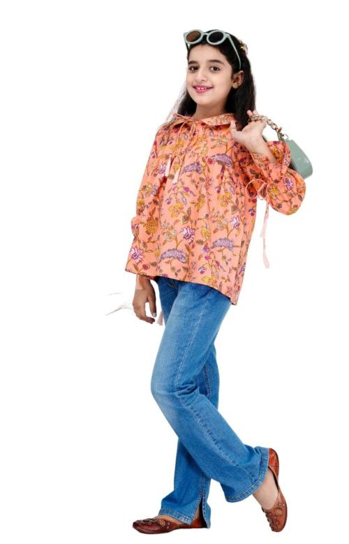 DMP FASHION Girl's Cotton Floral Printed Classic Small Boota Collarad Fashion Sleeve Top