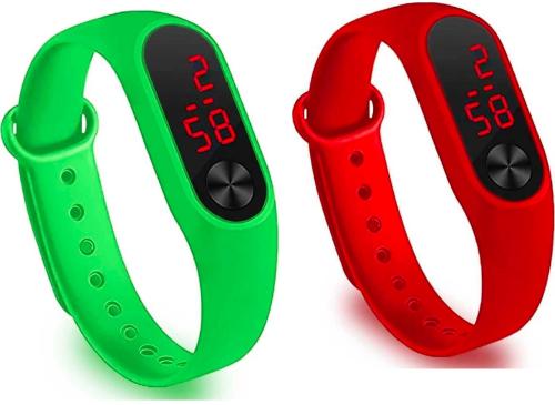 Noman Digital Black Dial Red Strap Watch For Boys And Girls (Pack Of 2)