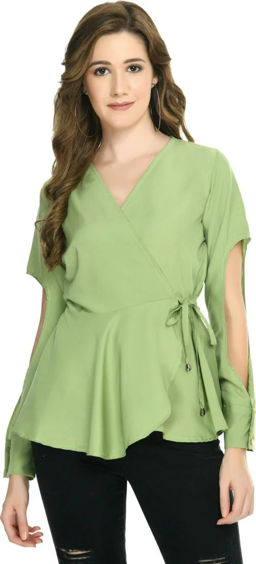 AllenQueen Casual Cutout Solid Women Light Green Top