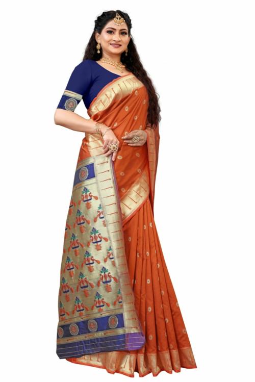 G TEX Self Design Paithani Silk Blend Saree (Orange)