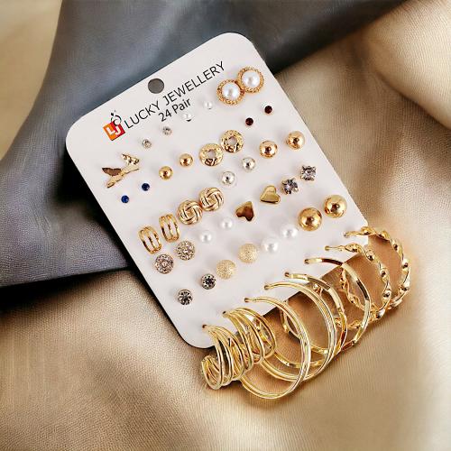 LUCKY JEWELLERY Fashion 24 Pairs Combo Set Of Latest Earrings Pearl Stone Studs Floral, Heart and Butterfly Tops Earing Gold Plated C Shaped Dangle Hoops Earring for Women & Girls (360-CHEX-1187-24)
