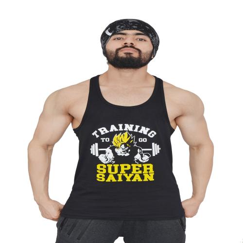 Anax Aesthetics Men's Sleeveless Cotton Gym Vest, X Dragon Ball Z Grafiko Series Training to Go Super Saiyan Stringer, Sando, Tank (X Large (42 cm),Color : Shadow Black, White & Yellow)