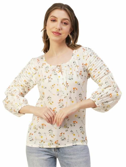 Moomaya Printed Balloon Sleeves Women’s Top, Tie-Up Casual Summer Tunic Top