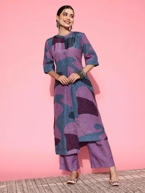 Buy Varanga Abstract Printed Mandarin Collar, High Low Straight Kurta
