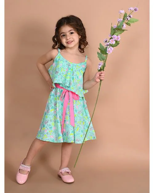 Lilpicks Sea Green Cape Flared Girls Dress