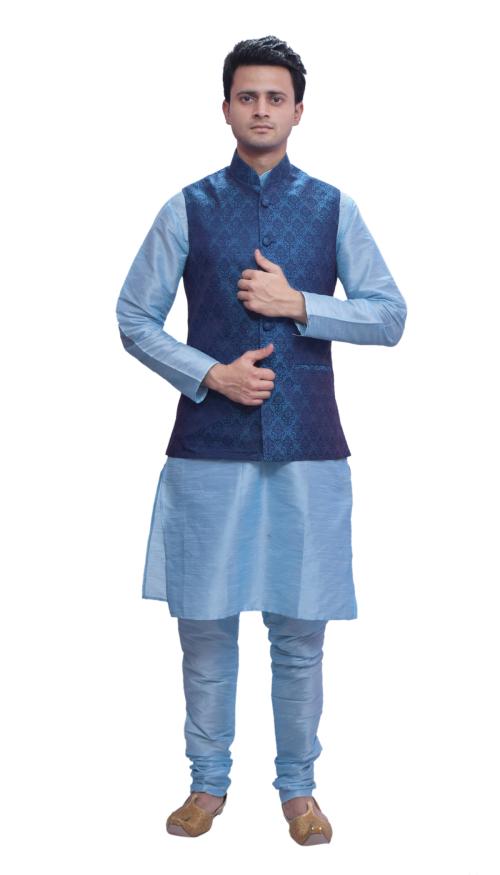 MAG Men's Sky Blue Matching Kurta Churidhar with Deep Sky Blue Waistcoat (RG-16021-$P-)
