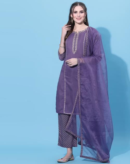 Skylee Women's Purple Color Chinnon Kurta Set with Dupatta | kurta suit set for women | kurta set | kurta suit set with dupatta