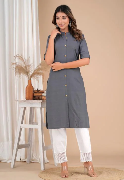 CANVIR Women's Cotton Solid Straight Salwar Suit with Pant Set
