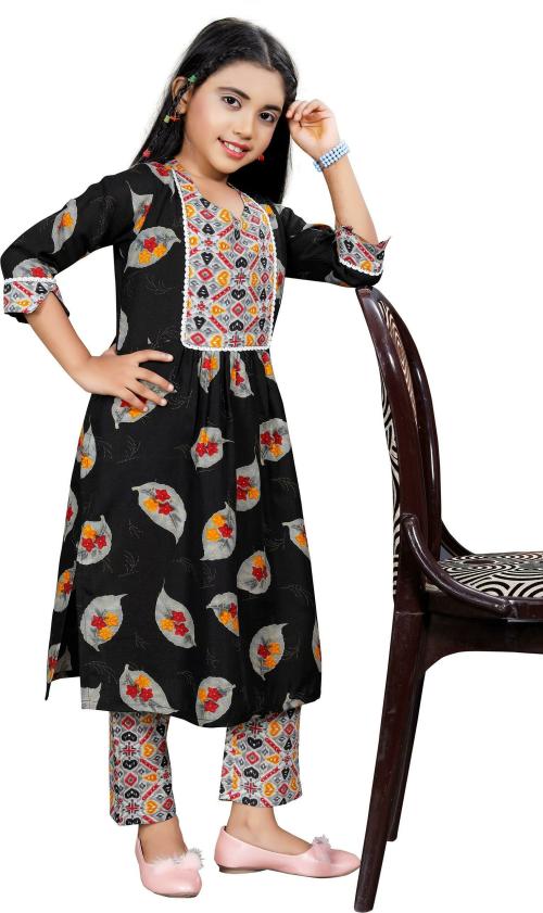NIVUDI Girls Black Pure Cotton Kurta and Trouser Set (4 to 5 Years)