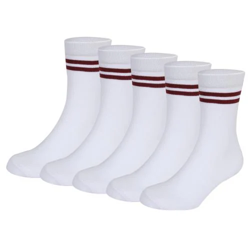 Bizala White Color with Maroon Stripes Calf Length Cotton School Socks for Boys & Girls (Pack of 5 Pairs) 14-15Y
