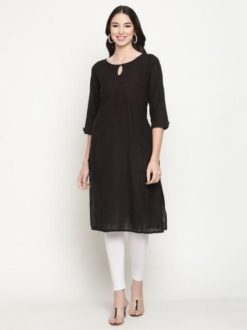 Queenley Women's Black Cotton Straight Knee Length Kurti