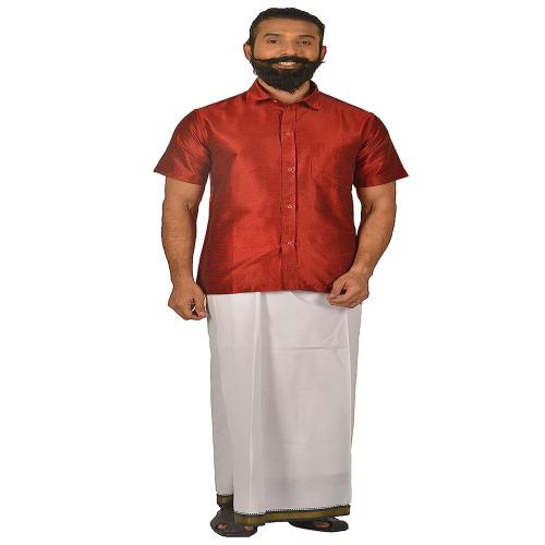 KARNAM Solid Color Men's Silk Shirt | Ethnic and Casual Half Sleeves Art Raw Silk Shirt - S Maroon