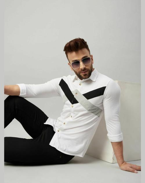 Gritstones Men White Full Sleeve Color Block Cotton Shirt