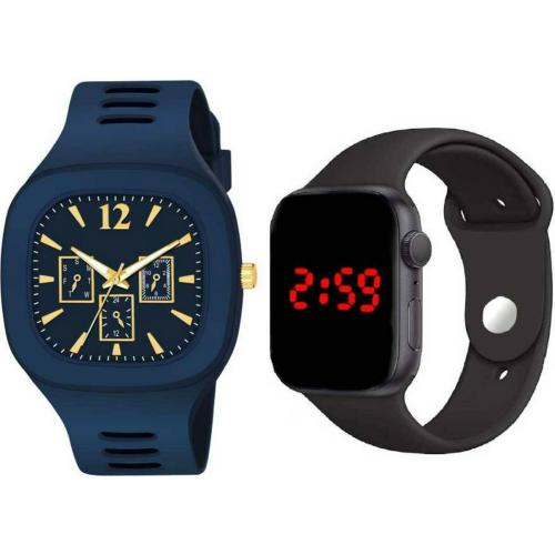 Trex Stylish Casual Sport Square LED Analog to Digital Watch Blue Dial Blue Strap for Boys and Girls (Pack of 2)